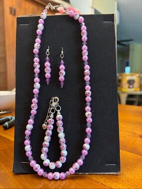 Handcrafted Pink Floral Bead Necklace Set with Matching Bracelet & Earrings